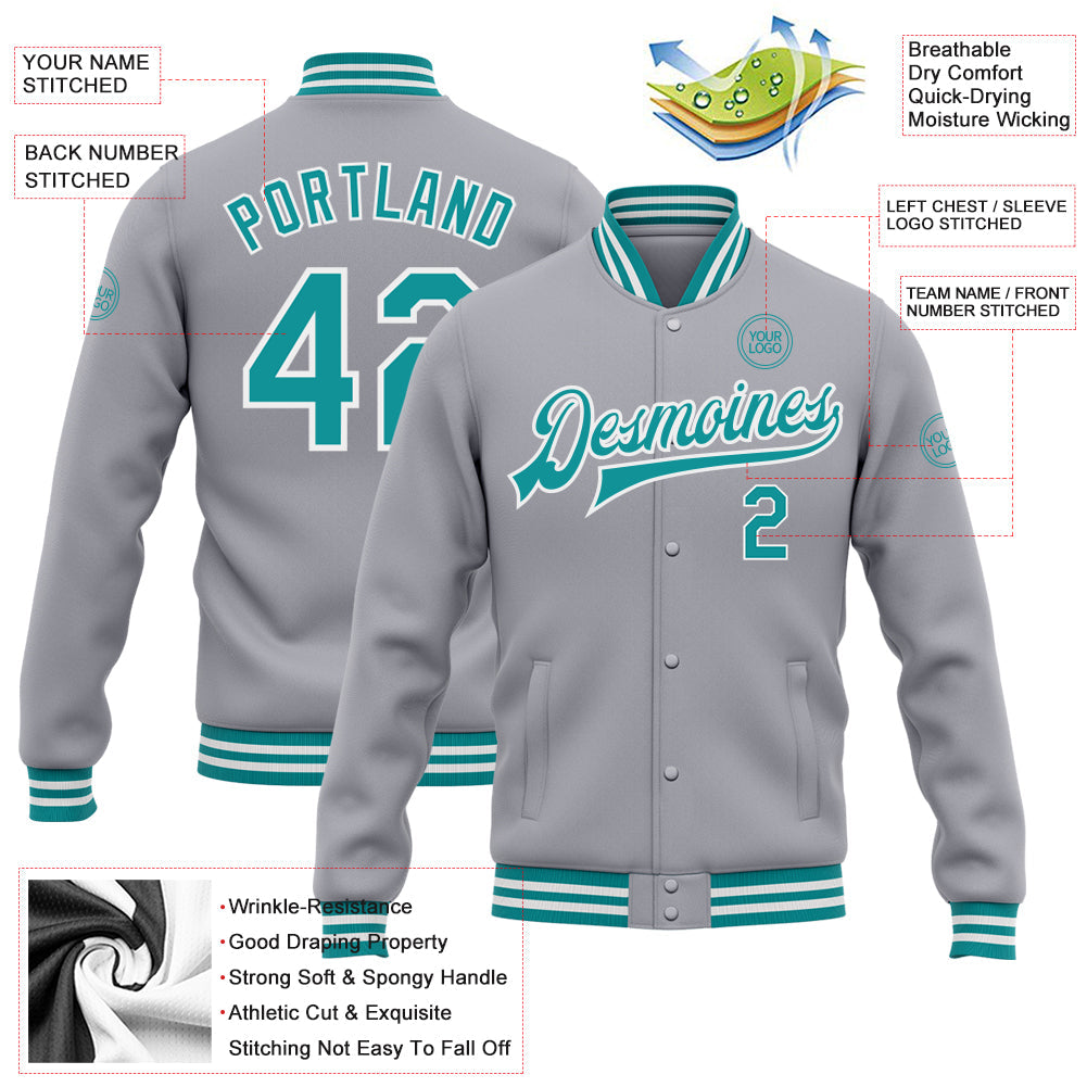 Custom Gray Teal-White Bomber Full-Snap Varsity Letterman Jacket view 5