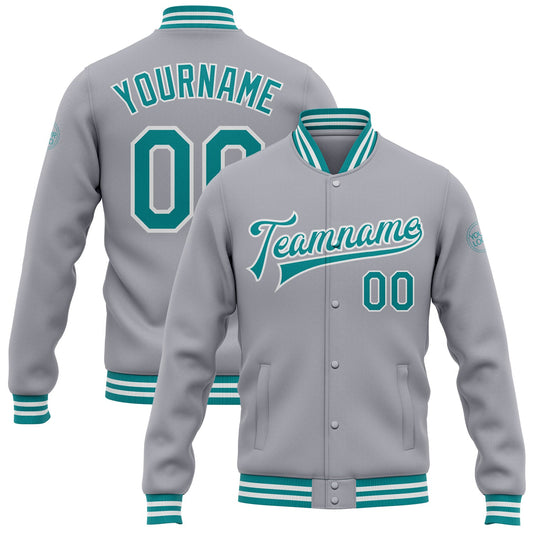 Custom Gray Teal-White Bomber Full-Snap Varsity Letterman Jacket - Main View