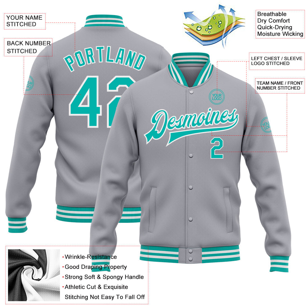Custom Gray Aqua-White Bomber Full-Snap Varsity Letterman Jacket view 5