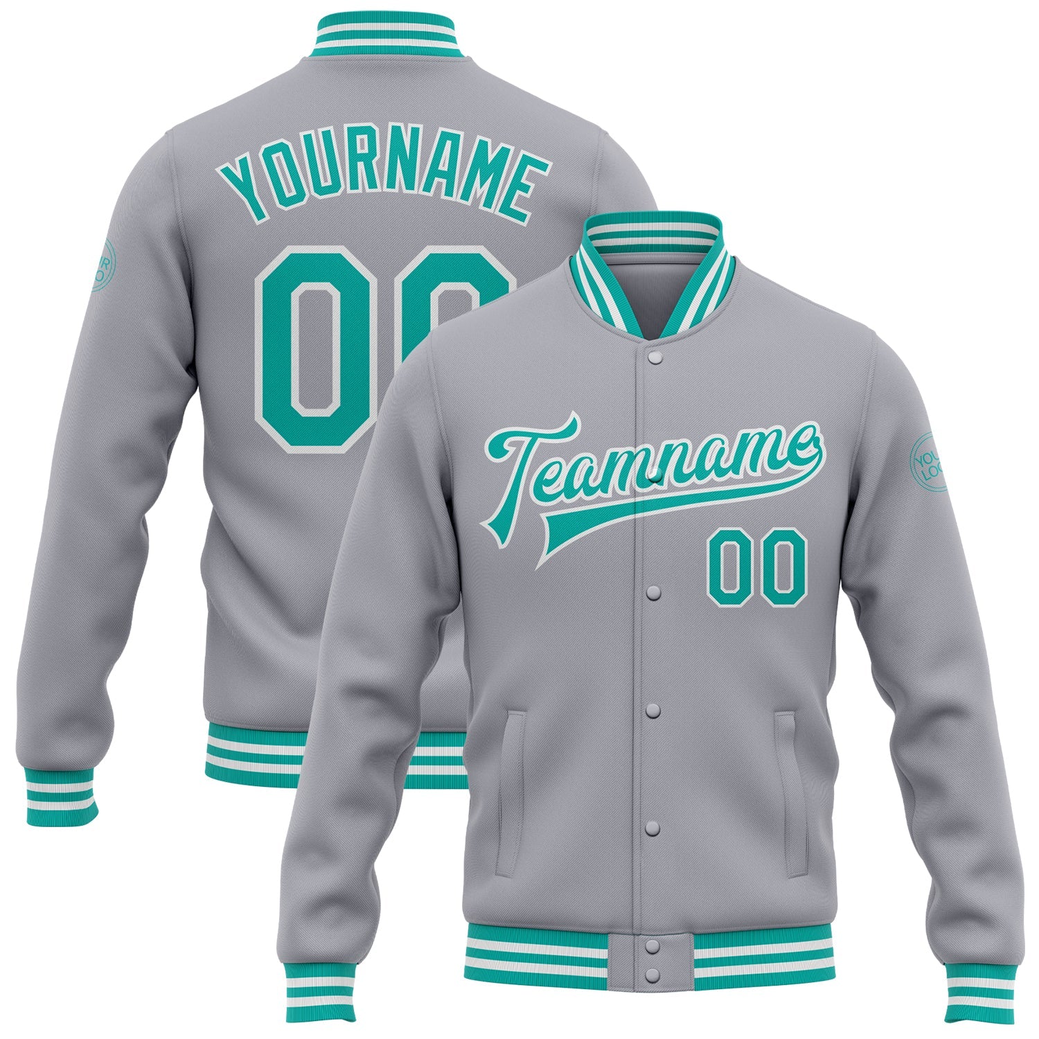 Custom Gray Aqua-White Bomber Full-Snap Varsity Letterman Jacket - Main View