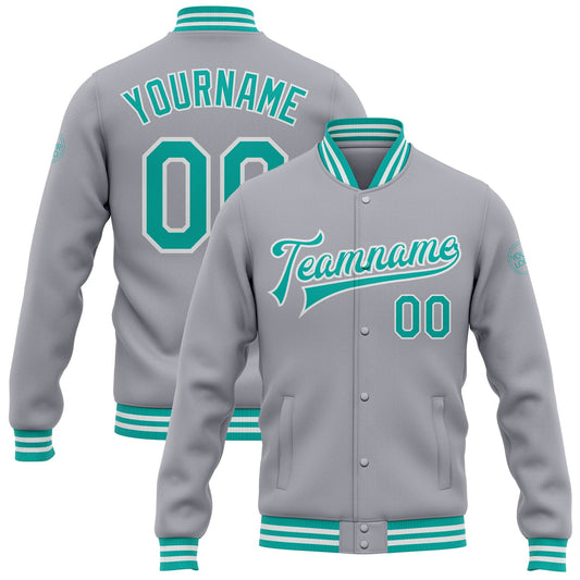 Custom Gray Aqua-White Bomber Full-Snap Varsity Letterman Jacket - Main View