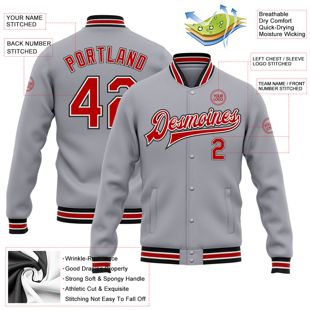Custom Gray Red-Black Bomber Full-Snap Varsity Letterman Jacket view 5
