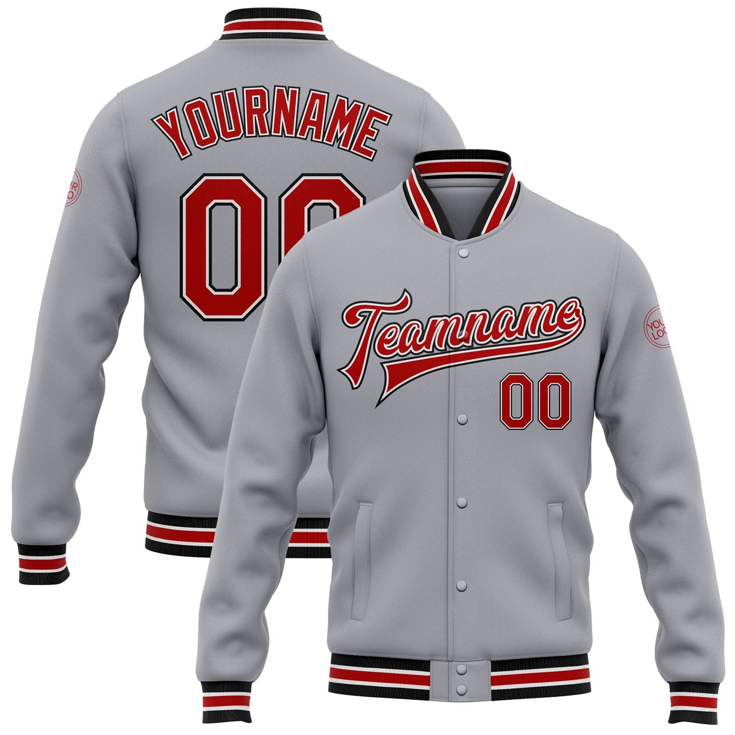 Custom Gray Red-Black Bomber Full-Snap Varsity Letterman Jacket - Main View