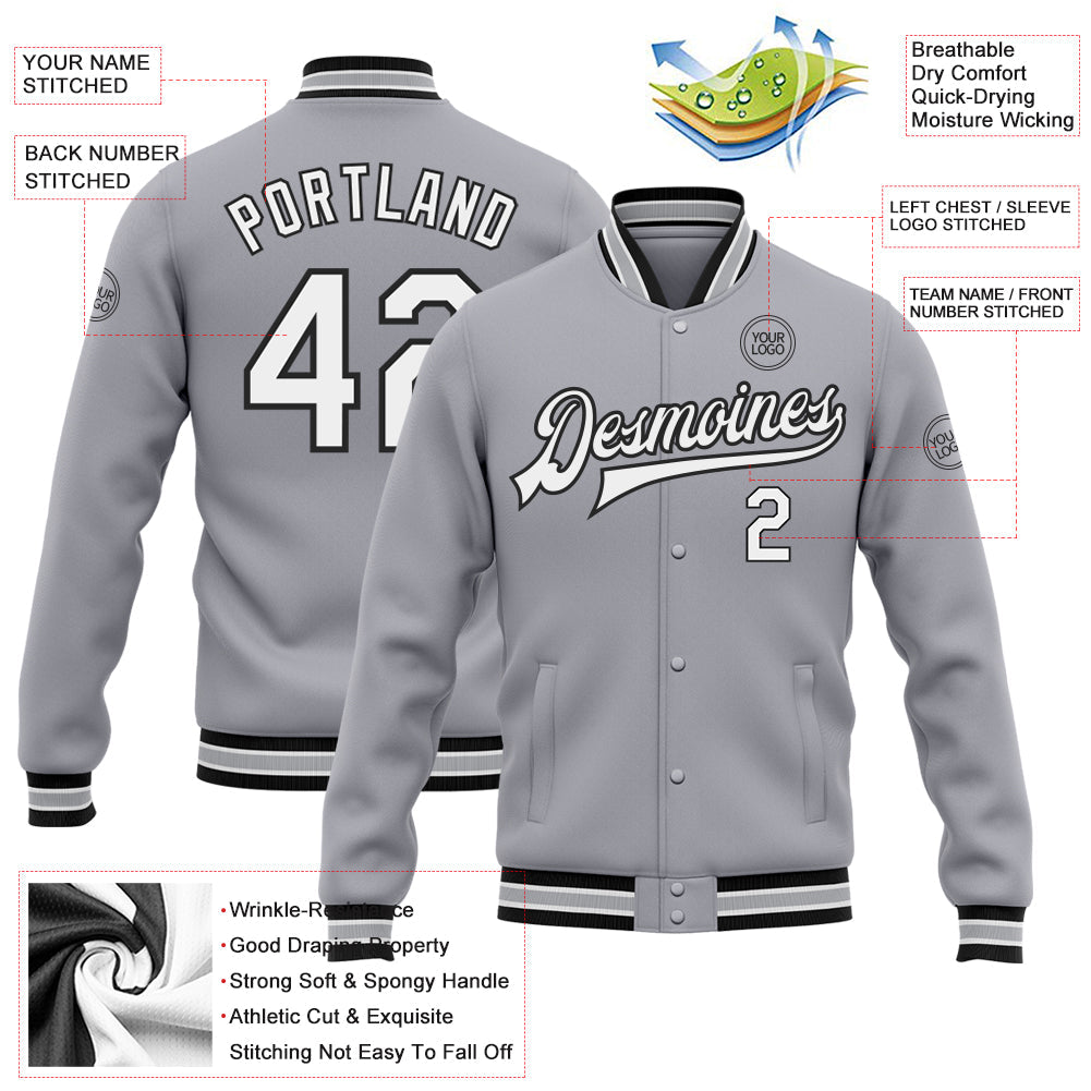 Custom Gray White-Black Bomber Full-Snap Varsity Letterman Jacket view 5