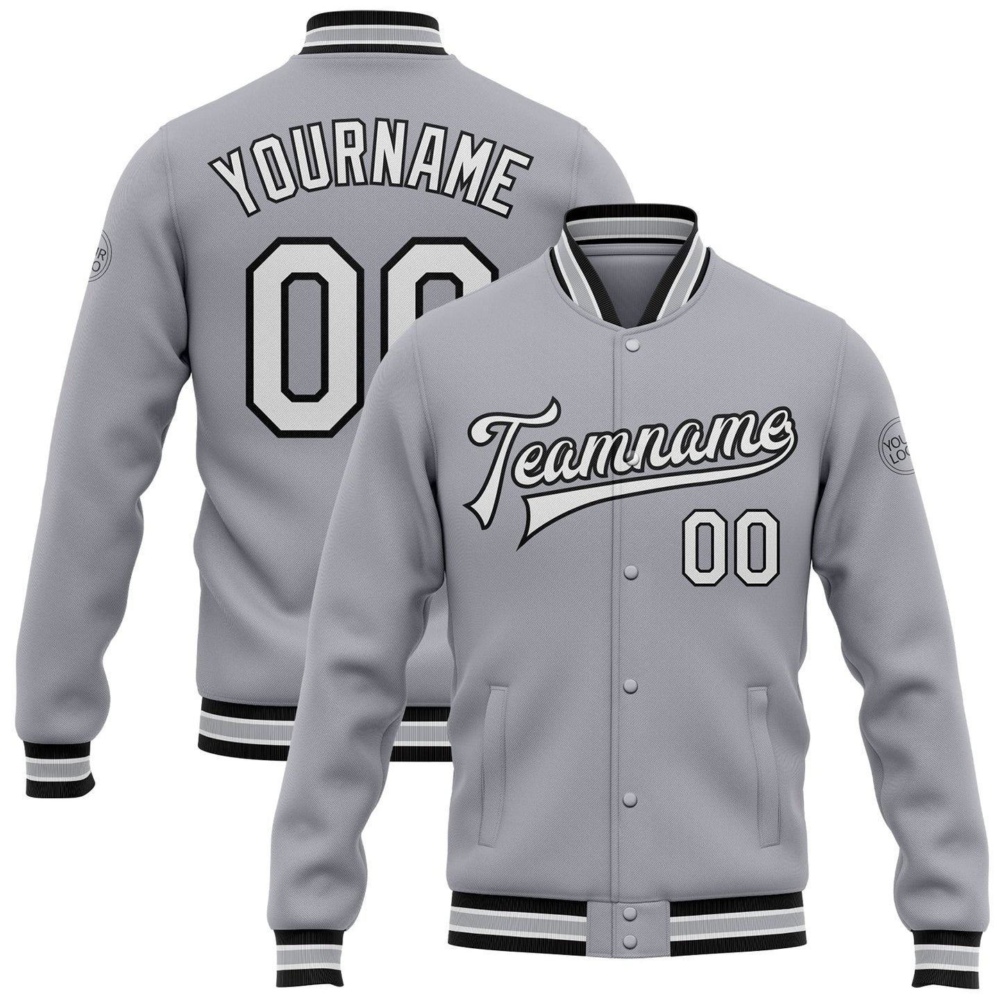 Custom Gray White-Black Bomber Full-Snap Varsity Letterman Jacket - Main View