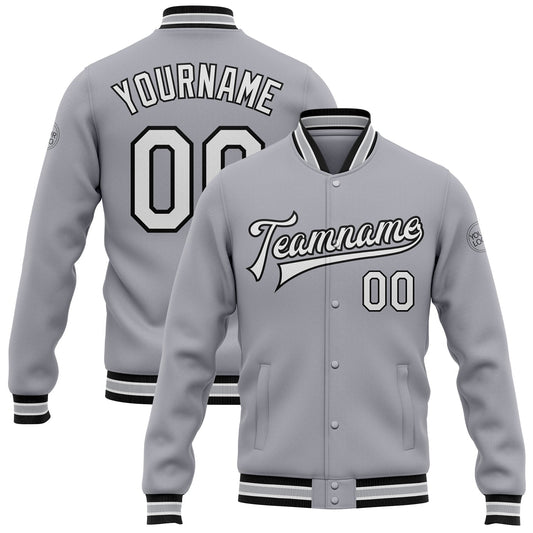 Custom Gray White-Black Bomber Full-Snap Varsity Letterman Jacket - Main View