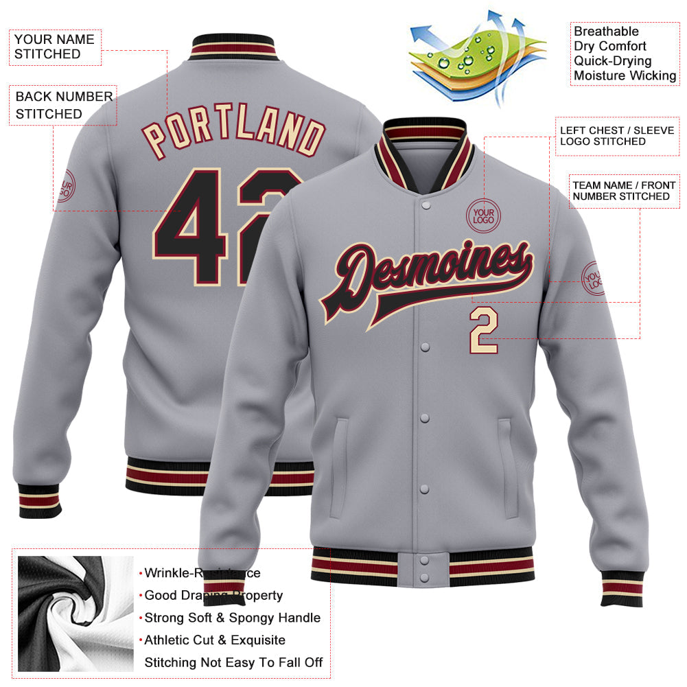 Custom Gray Black Crimson-City Cream Bomber Full-Snap Varsity Letterman Jacket view 5