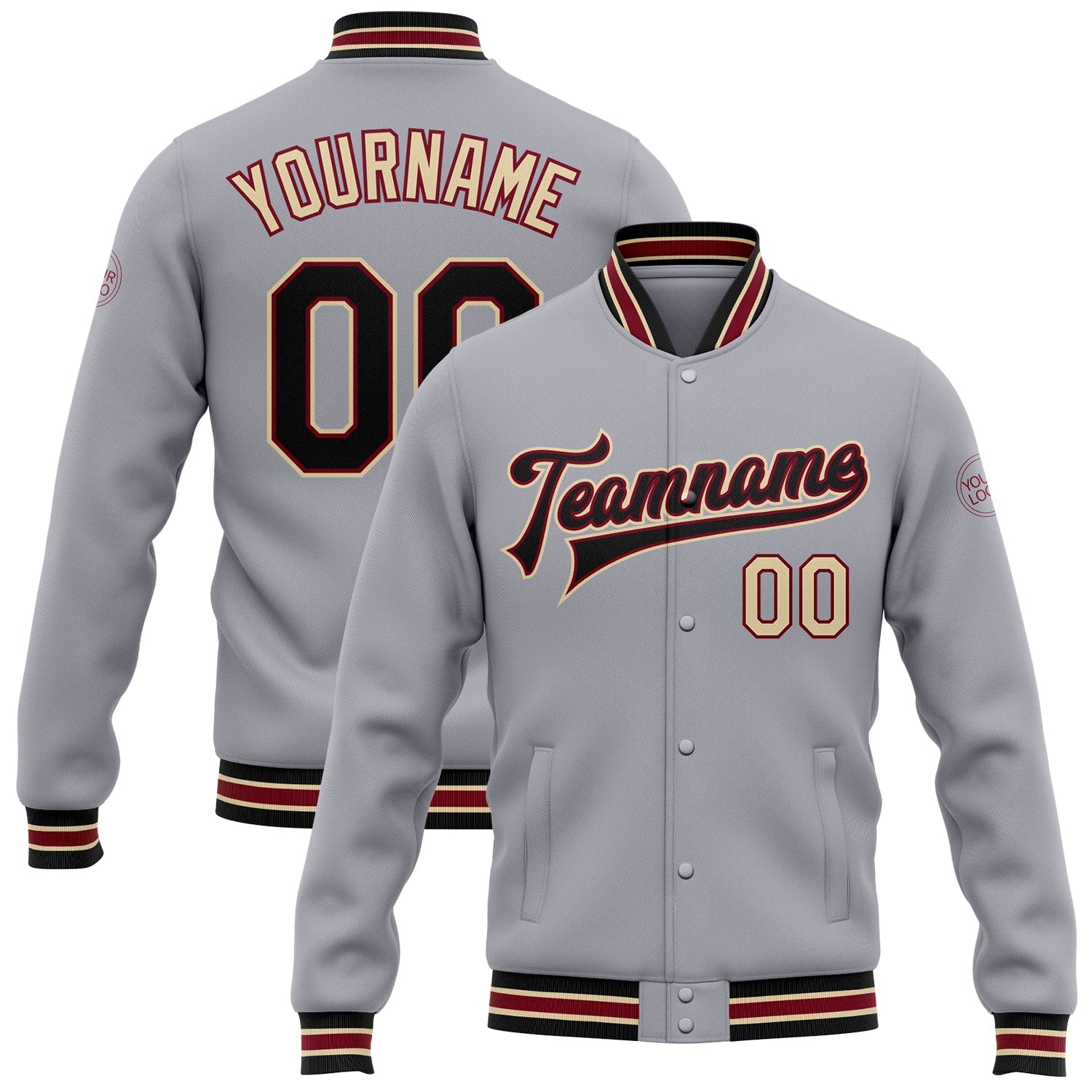 Custom Gray Black Crimson-City Cream Bomber Full-Snap Varsity Letterman Jacket - Main View
