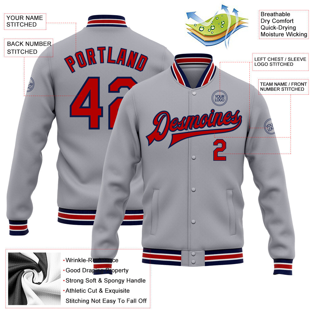 Custom Gray Red-Navy Bomber Full-Snap Varsity Letterman Jacket view 5