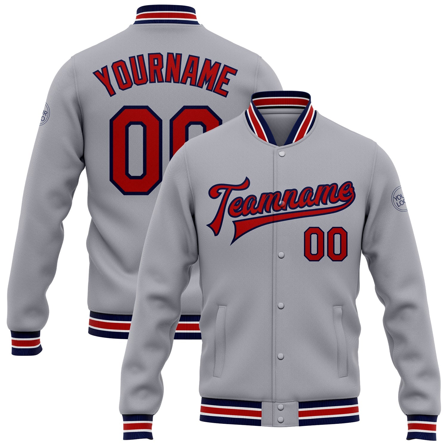 Custom Gray Red-Navy Bomber Full-Snap Varsity Letterman Jacket - Main View