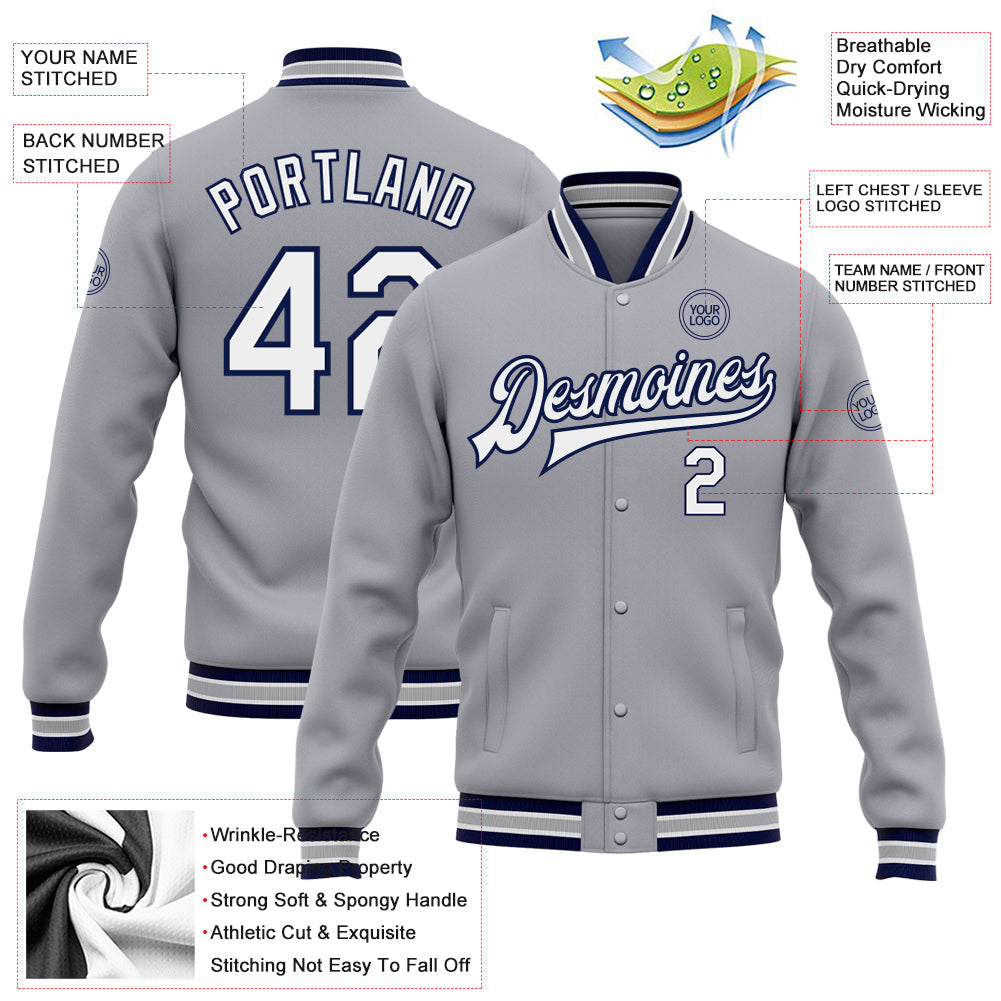 Custom Gray White-Navy Bomber Full-Snap Varsity Letterman Jacket view 5