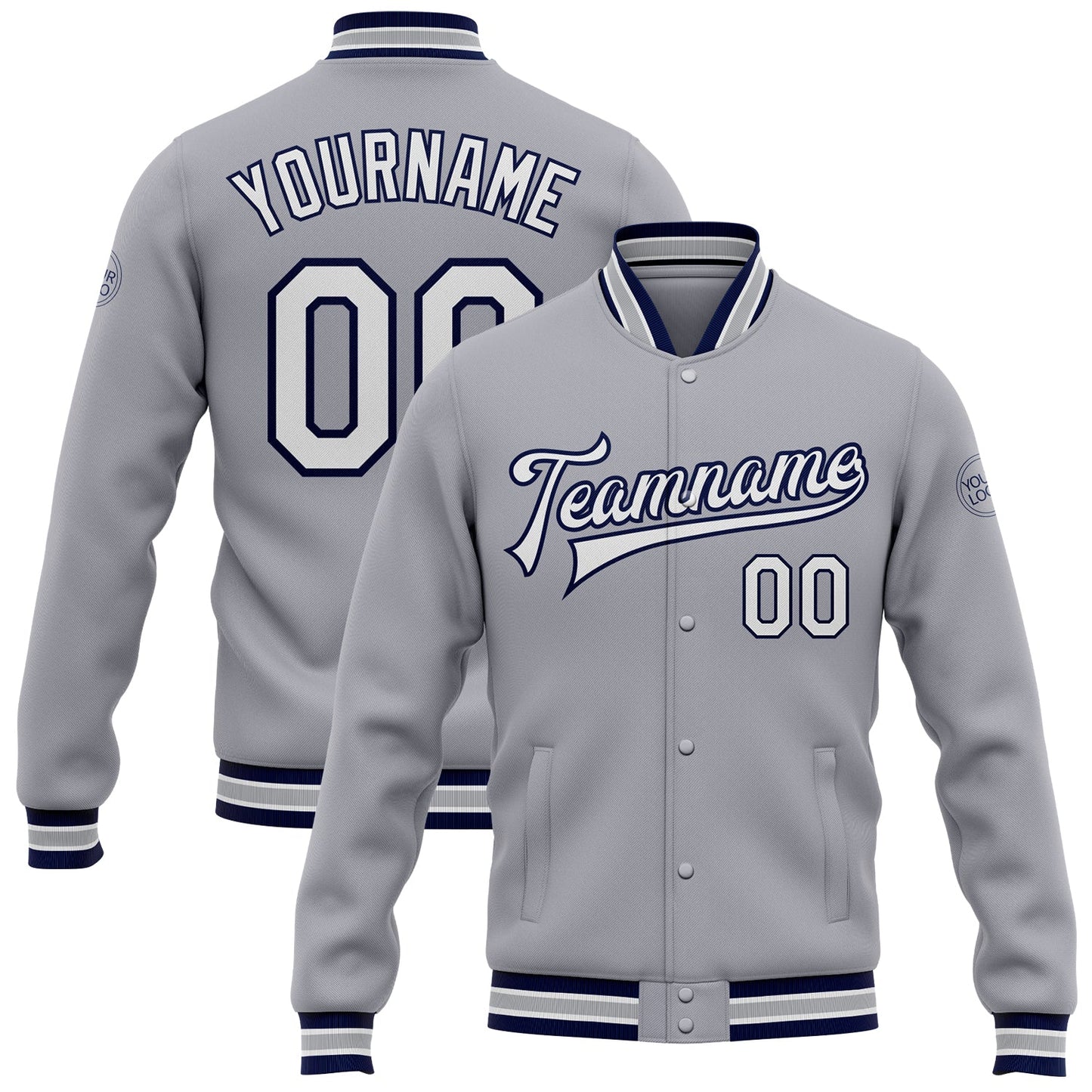 Custom Gray White-Navy Bomber Full-Snap Varsity Letterman Jacket - Main View