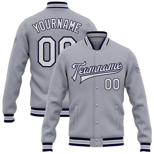 Custom Gray White-Navy Bomber Full-Snap Varsity Letterman Jacket - Main View