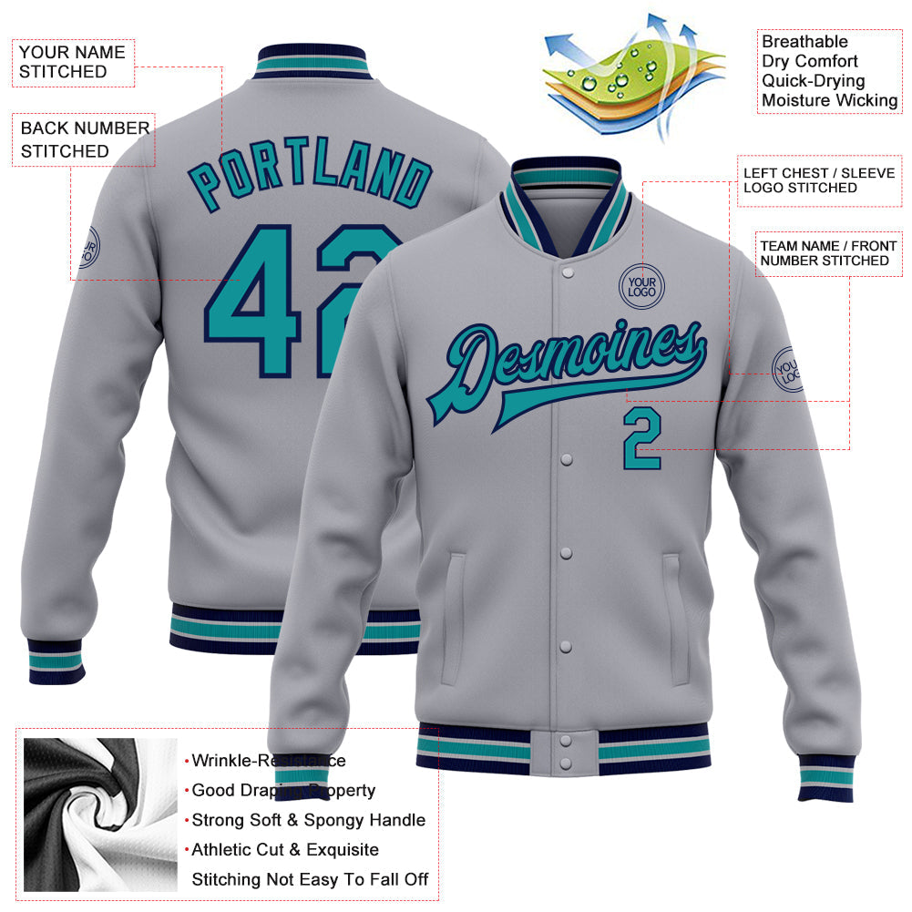 Custom Gray Teal-Navy Bomber Full-Snap Varsity Letterman Jacket view 5