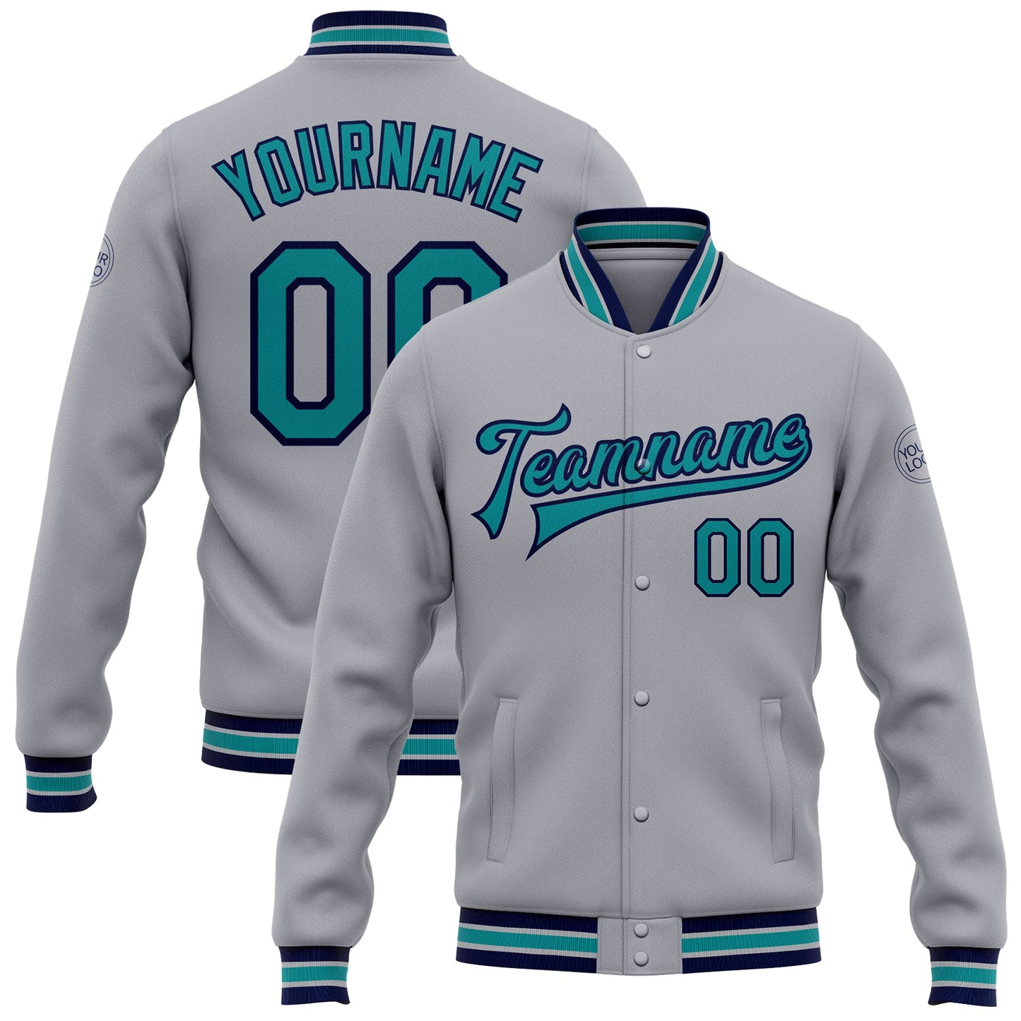 Custom Gray Teal-Navy Bomber Full-Snap Varsity Letterman Jacket - Main View
