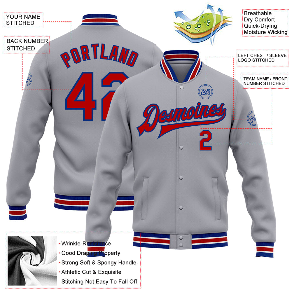 Custom Gray Red-Royal Bomber Full-Snap Varsity Letterman Jacket view 5