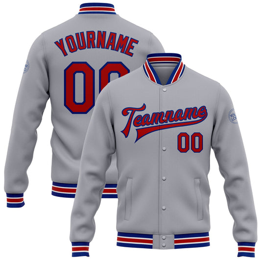 Custom Gray Red-Royal Bomber Full-Snap Varsity Letterman Jacket - Main View