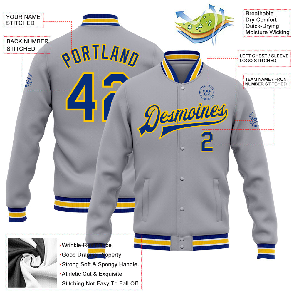 Custom Gray Royal-Yellow Bomber Full-Snap Varsity Letterman Jacket view 5