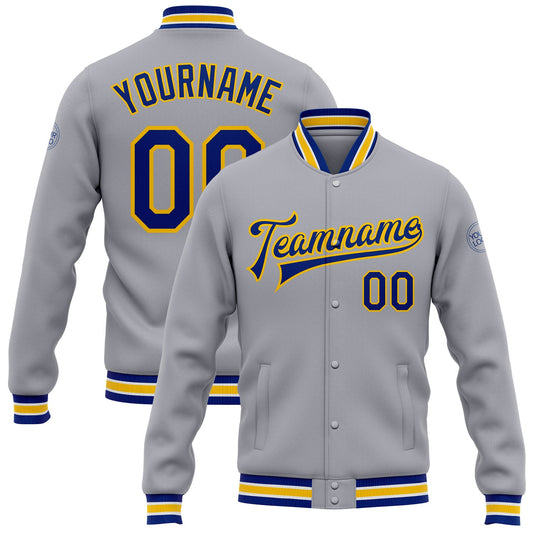 Custom Gray Royal-Yellow Bomber Full-Snap Varsity Letterman Jacket - Main View
