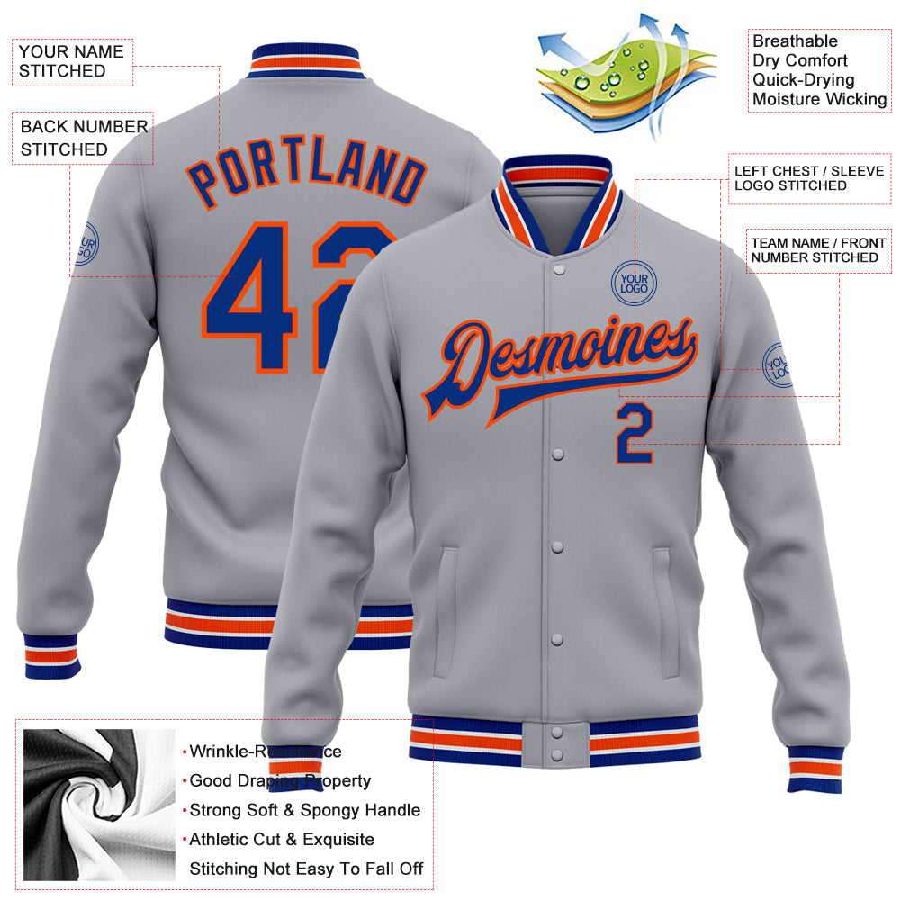 Custom Gray Royal-Orange Bomber Full-Snap Varsity Letterman Jacket view 5
