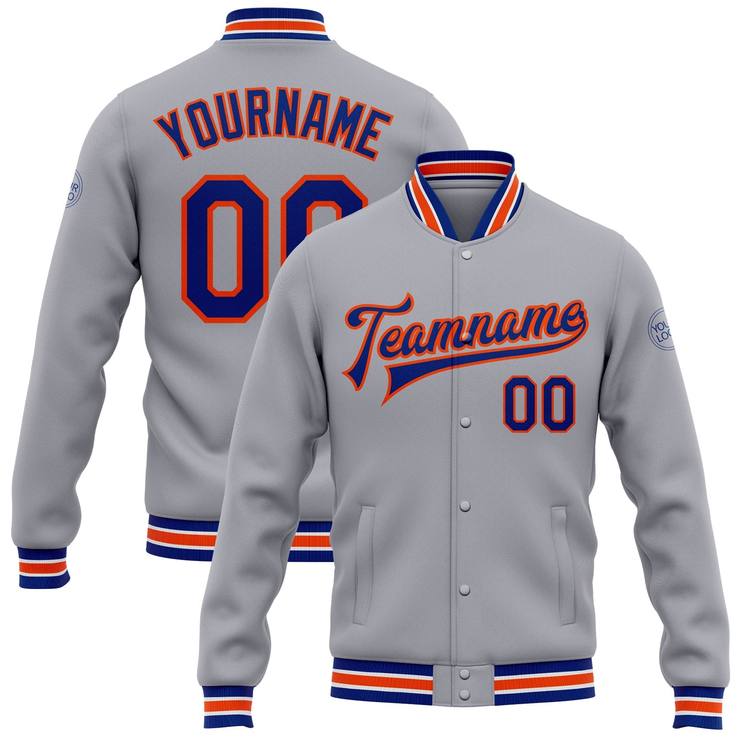Custom Gray Royal-Orange Bomber Full-Snap Varsity Letterman Jacket - Main View
