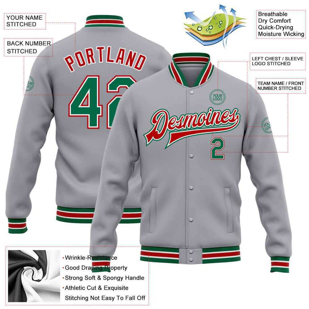 Custom Gray Kelly Green-Red Bomber Full-Snap Varsity Letterman Jacket view 5