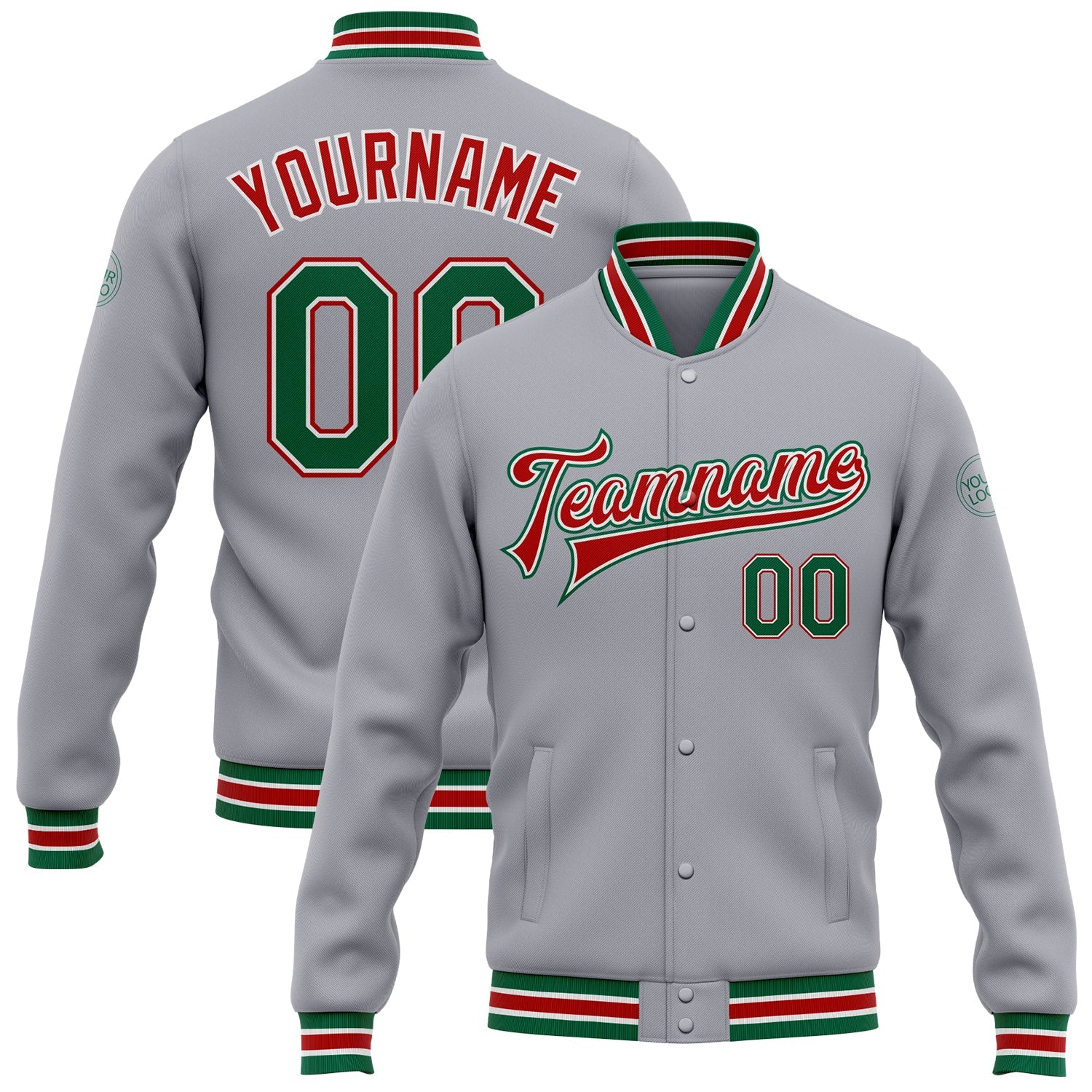 Custom Gray Kelly Green-Red Bomber Full-Snap Varsity Letterman Jacket - Main View