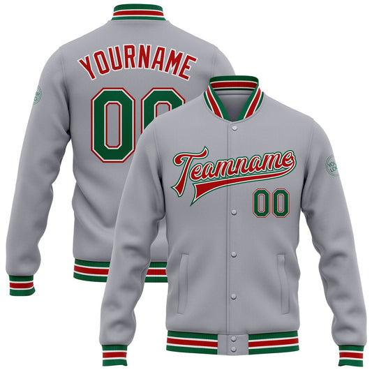 Custom Gray Kelly Green-Red Bomber Full-Snap Varsity Letterman Jacket - Main View