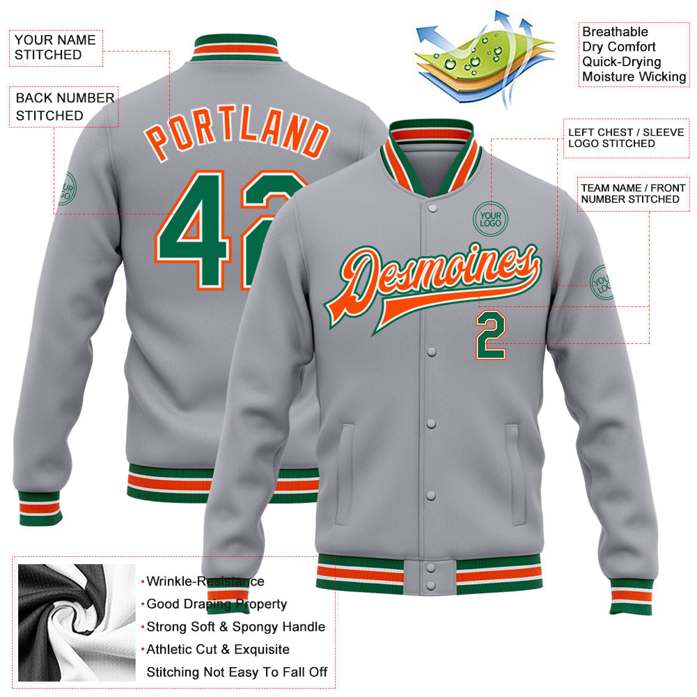 Custom Gray Kelly Green-Orange Bomber Full-Snap Varsity Letterman Jacket view 5