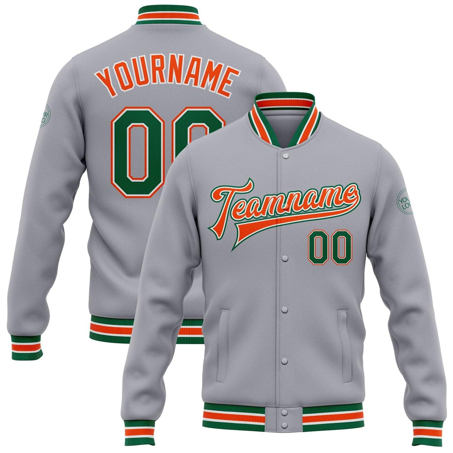 Custom Gray Kelly Green-Orange Bomber Full-Snap Varsity Letterman Jacket - Main View