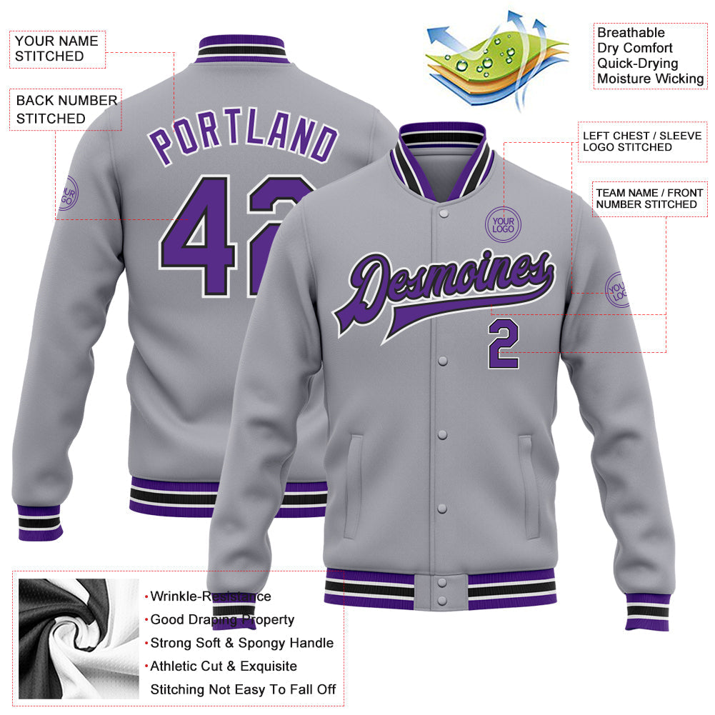 Custom Gray Purple-Black Bomber Full-Snap Varsity Letterman Jacket view 5