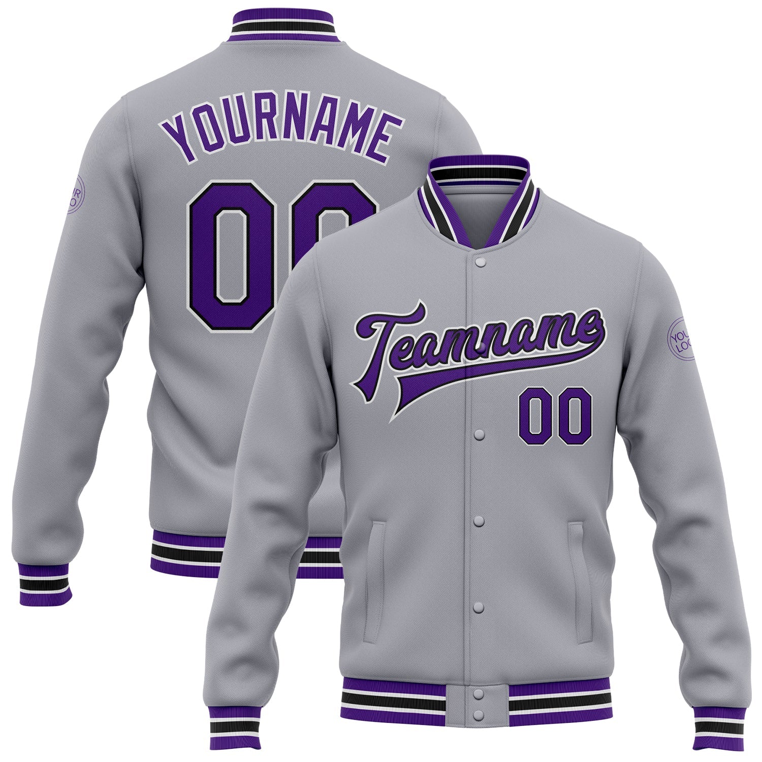 Custom Gray Purple-Black Bomber Full-Snap Varsity Letterman Jacket - Main View