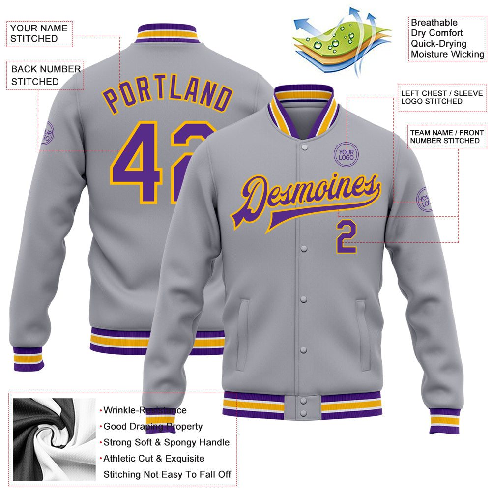 Custom Gray Purple-Gold Bomber Full-Snap Varsity Letterman Jacket view 5