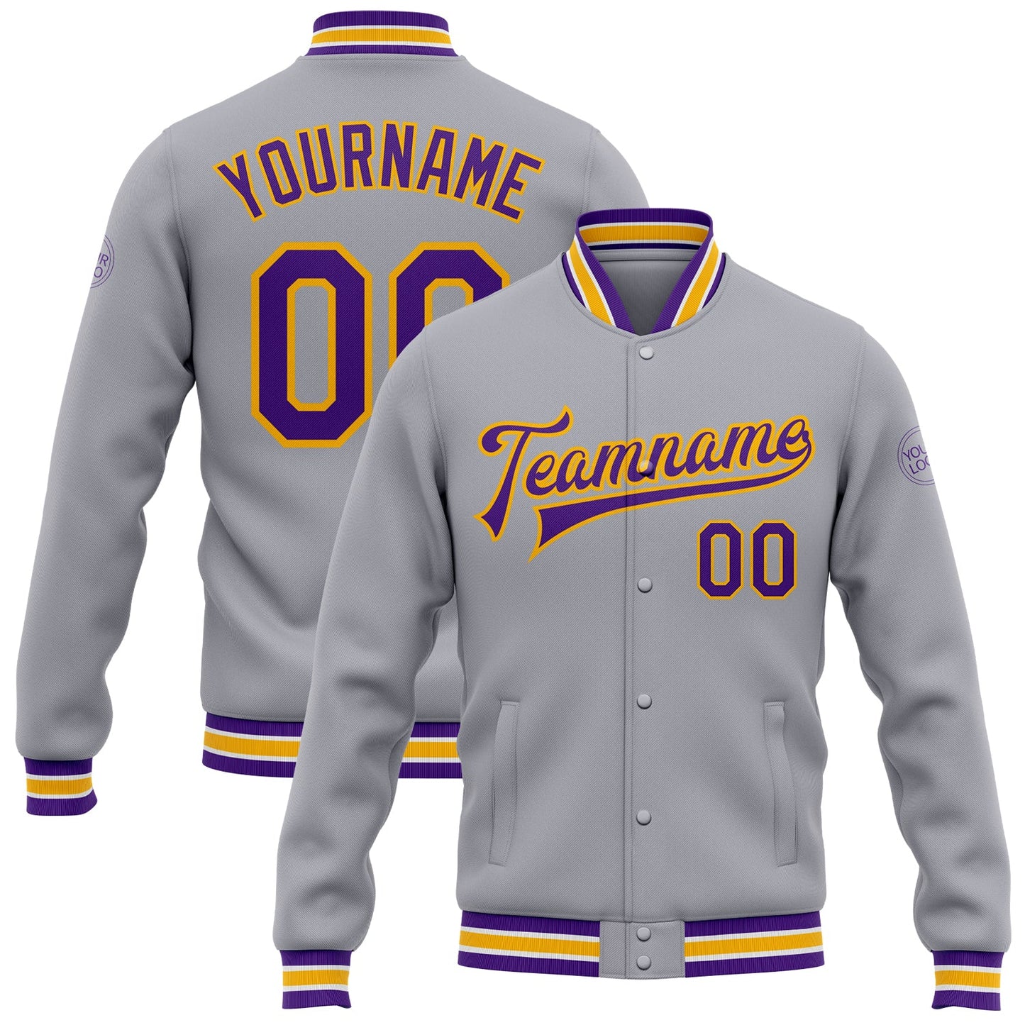 Custom Gray Purple-Gold Bomber Full-Snap Varsity Letterman Jacket - Main View