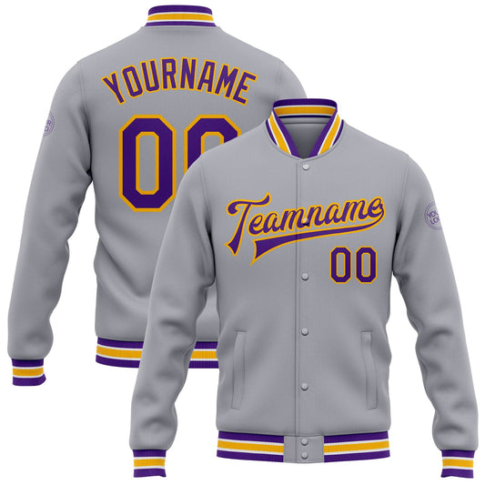 Custom Gray Purple-Gold Bomber Full-Snap Varsity Letterman Jacket - Main View