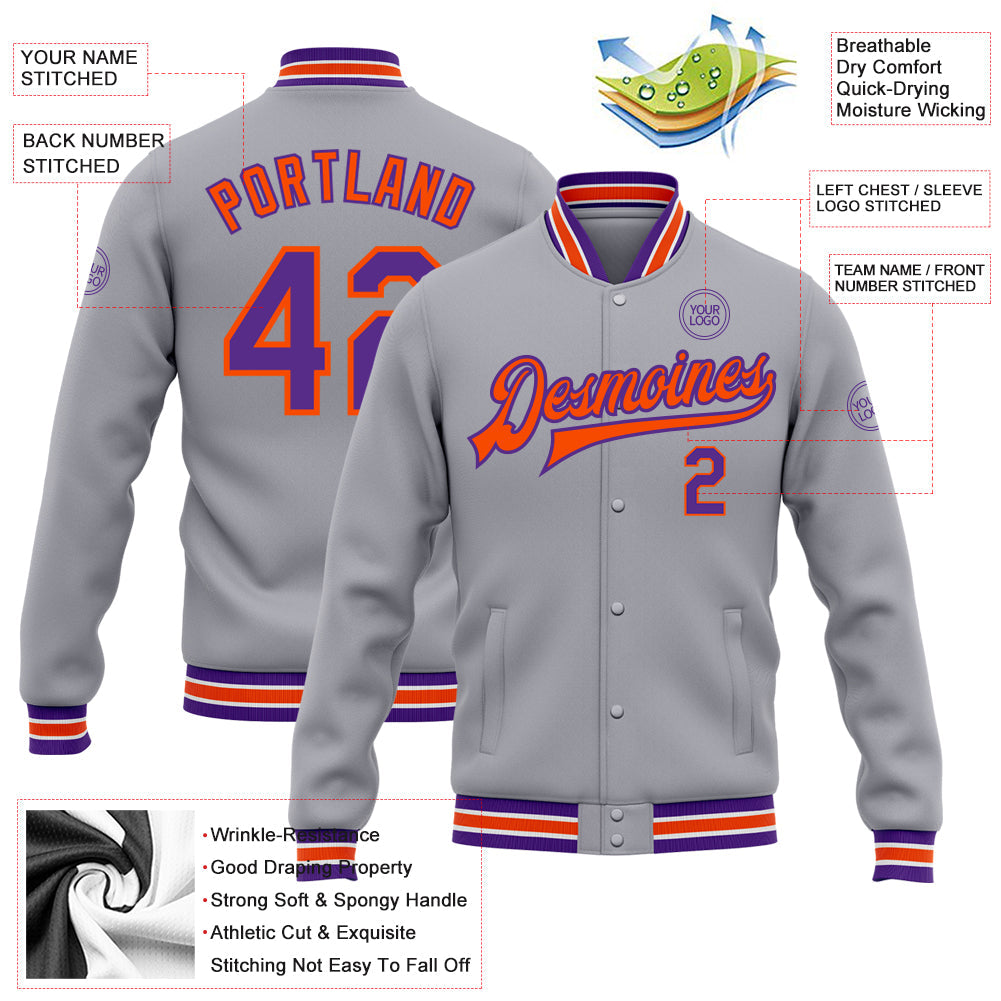 Custom Gray Purple-Orange Bomber Full-Snap Varsity Letterman Jacket view 5