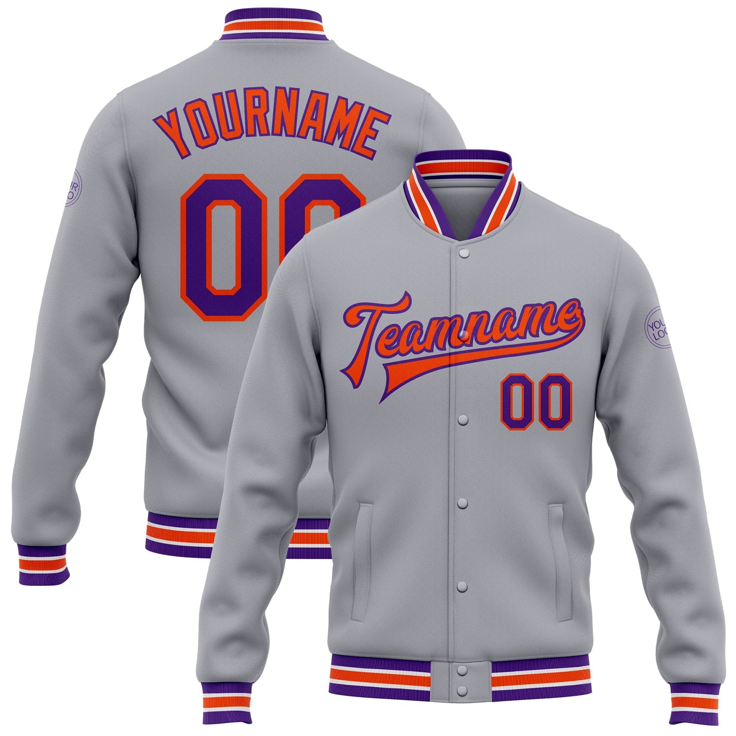 Custom Gray Purple-Orange Bomber Full-Snap Varsity Letterman Jacket - Main View