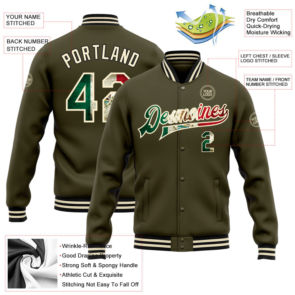 Custom Olive Vintage Mexican Flag Cream-Black Bomber Full-Snap Varsity Letterman Salute To Service Jacket view 5
