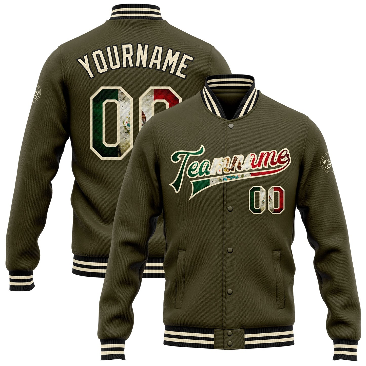Custom Olive Vintage Mexican Flag Cream-Black Bomber Full-Snap Varsity Letterman Salute To Service Jacket - Main View