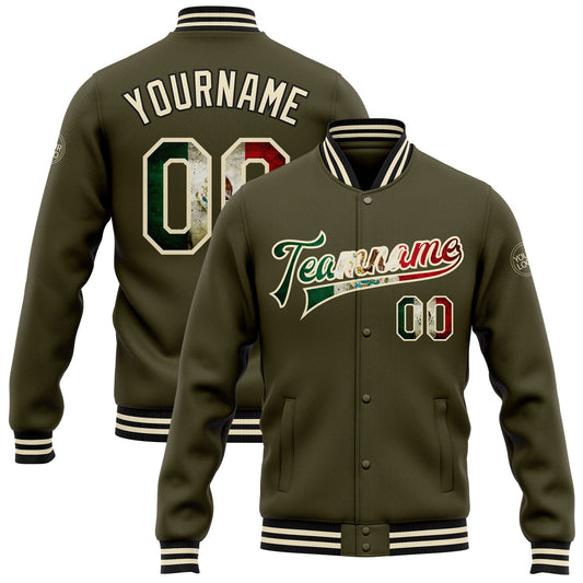 Custom Olive Vintage Mexican Flag Cream-Black Bomber Full-Snap Varsity Letterman Salute To Service Jacket - Main View
