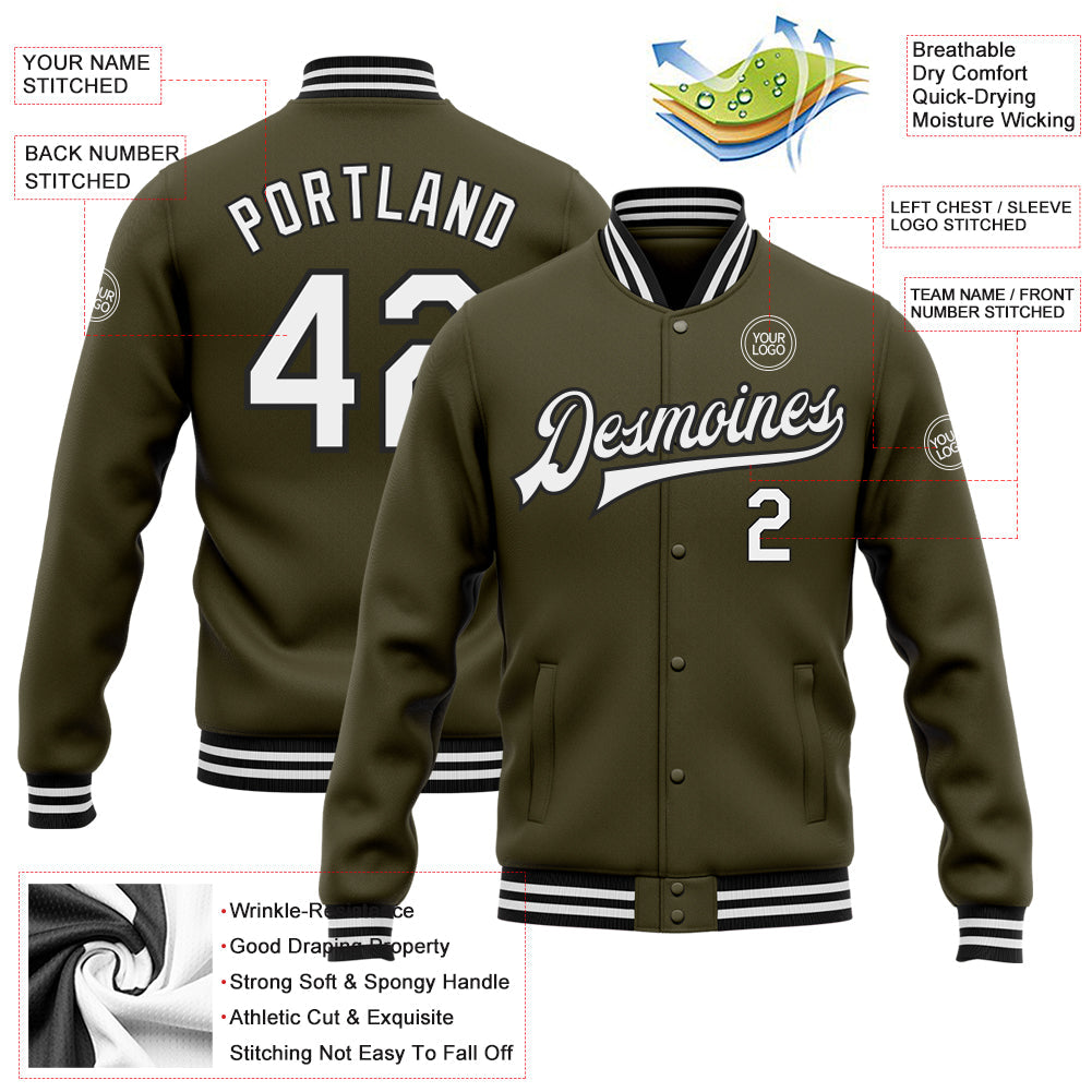 Custom Olive White-Black Bomber Full-Snap Varsity Letterman Salute To Service Jacket view 5