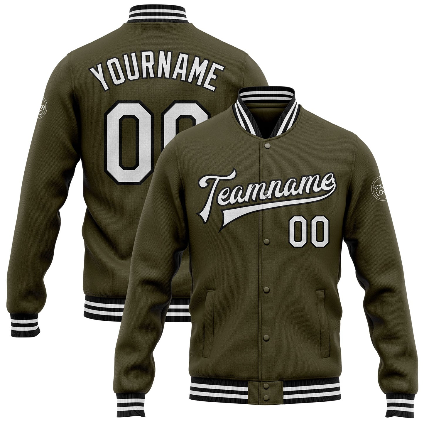 Custom Olive White-Black Bomber Full-Snap Varsity Letterman Salute To Service Jacket - Main View