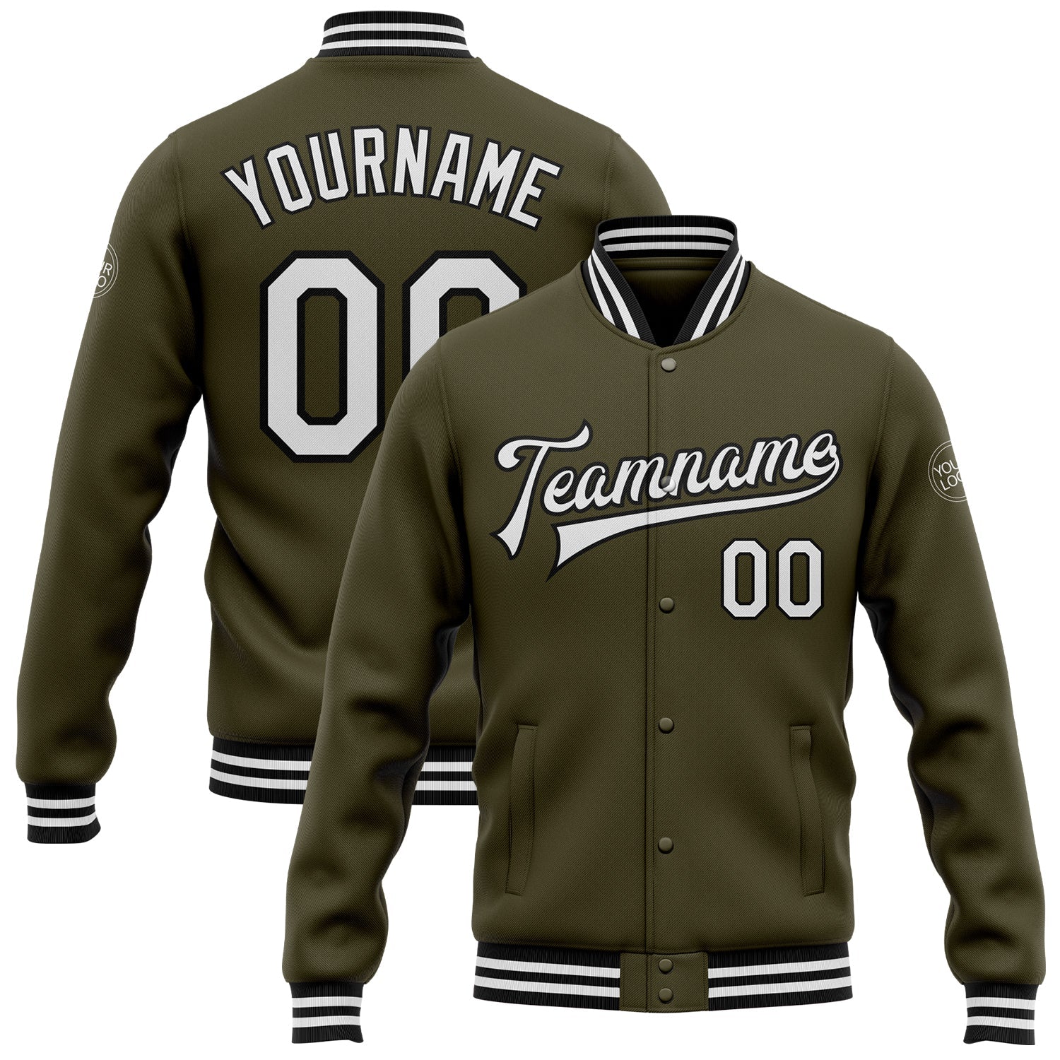 Custom Olive White-Black Bomber Full-Snap Varsity Letterman Salute To Service Jacket - Main View