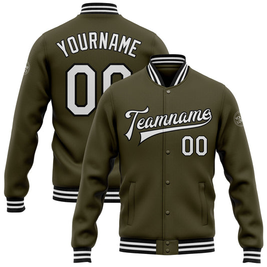 Custom Olive White-Black Bomber Full-Snap Varsity Letterman Salute To Service Jacket - Main View