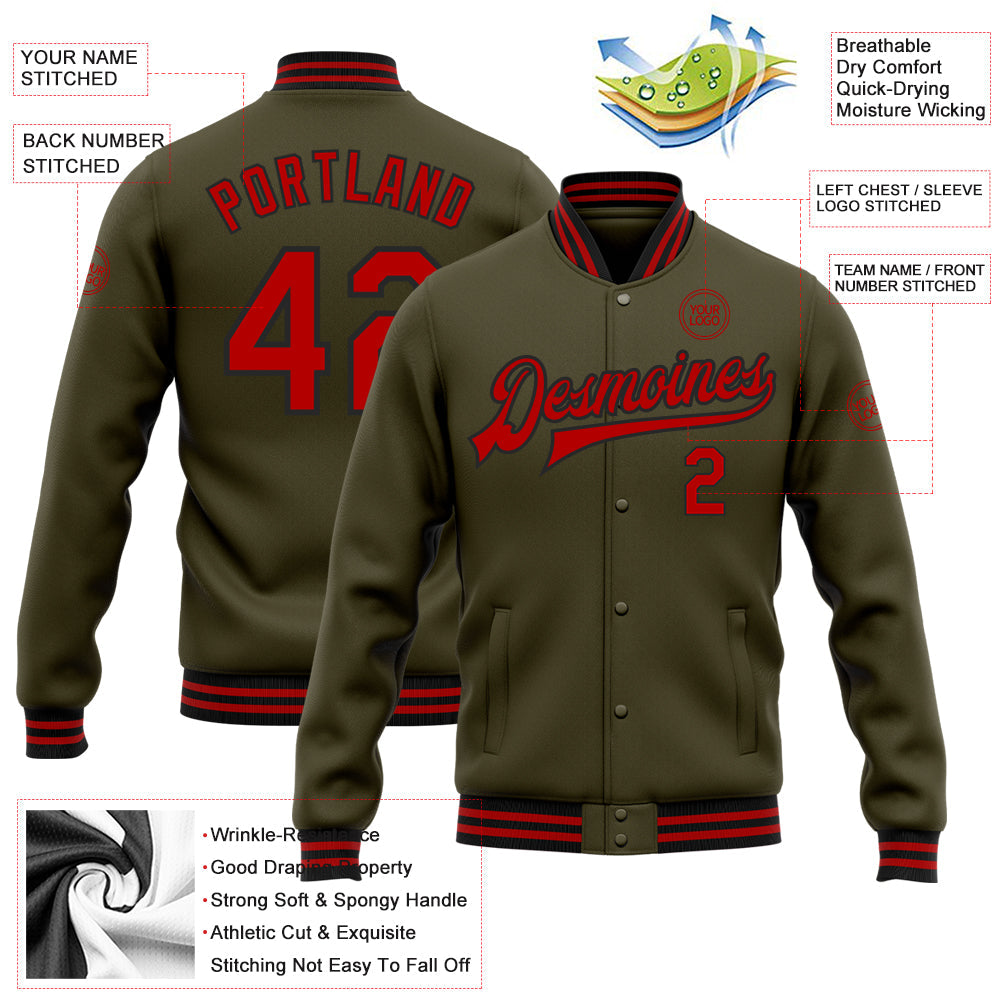 Custom Olive Red-Black Bomber Full-Snap Varsity Letterman Salute To Service Jacket view 5