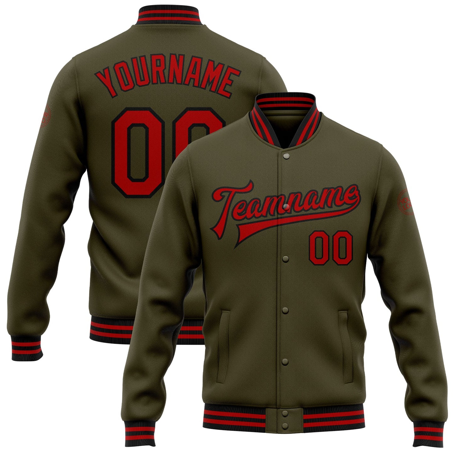Custom Olive Red-Black Bomber Full-Snap Varsity Letterman Salute To Service Jacket - Main View