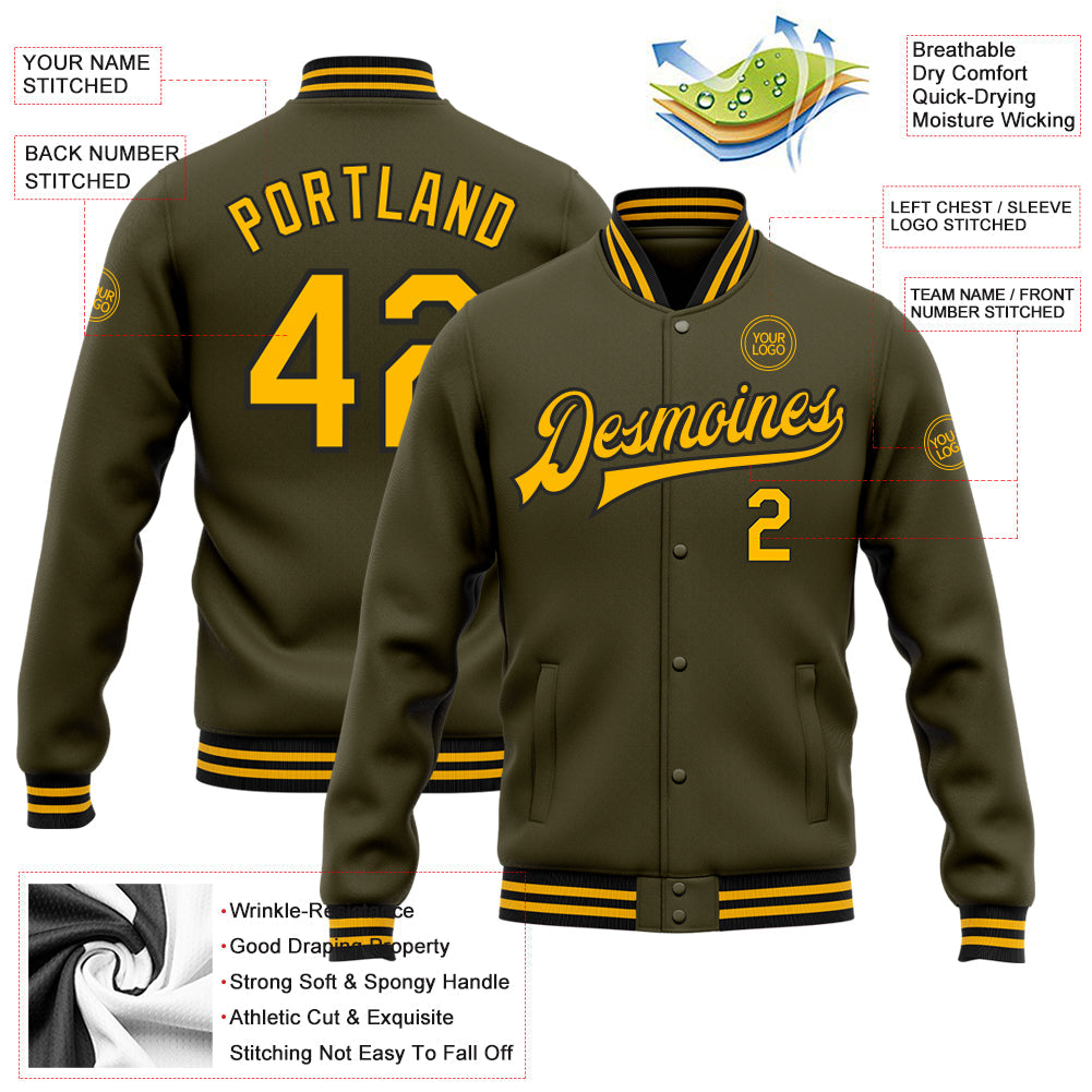 Custom Olive Gold-Black Bomber Full-Snap Varsity Letterman Salute To Service Jacket view 5