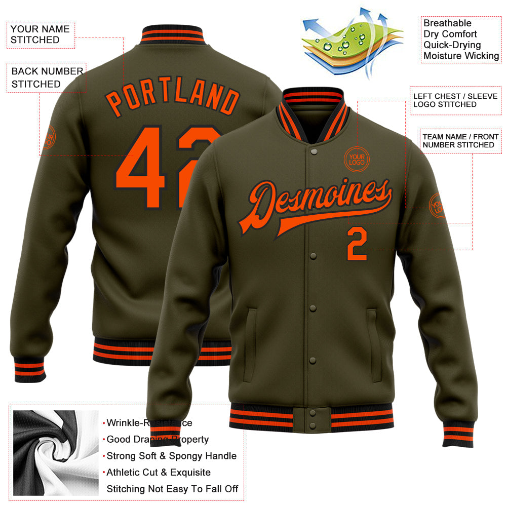 Custom Olive Orange-Black Bomber Full-Snap Varsity Letterman Salute To Service Jacket view 5