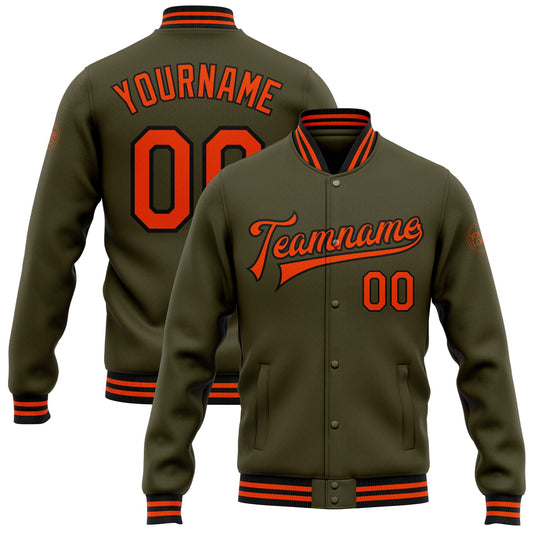 Custom Olive Orange-Black Bomber Full-Snap Varsity Letterman Salute To Service Jacket - Main View