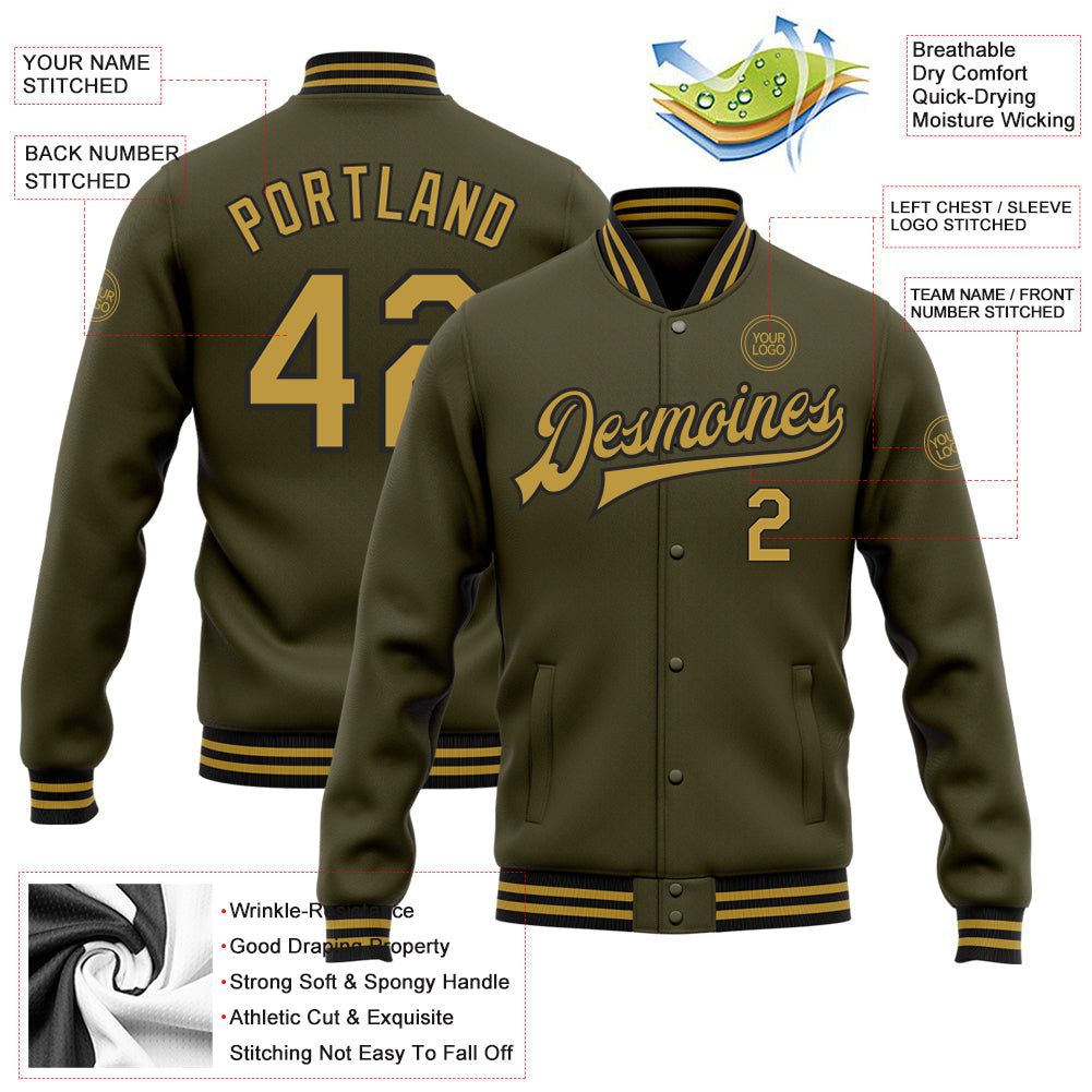 Custom Olive Old Gold-Black Bomber Full-Snap Varsity Letterman Salute To Service Jacket view 5
